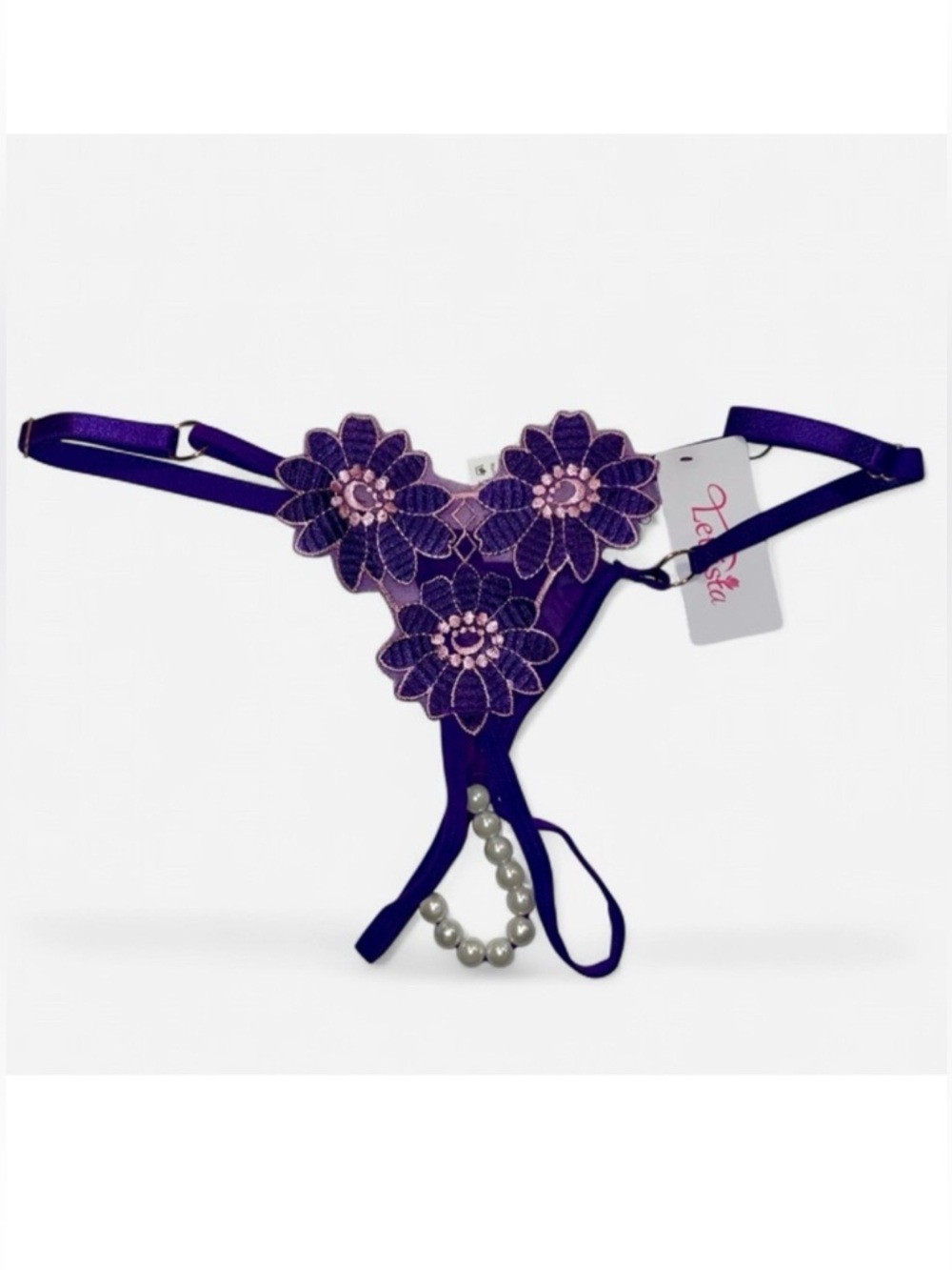 BNWT Crotchless Flower Embroidered Pearl Thong